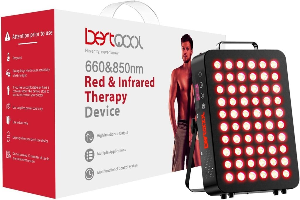 Bestqool Red Light Therapy Device for Body, Face. Near Infrared Light 660nm 850nm, Dual Chip Clinical Grade 60 LEDs. High Power Panel for Recovery, Improve Sleep, Skin Health, Pain Relief, 100W.