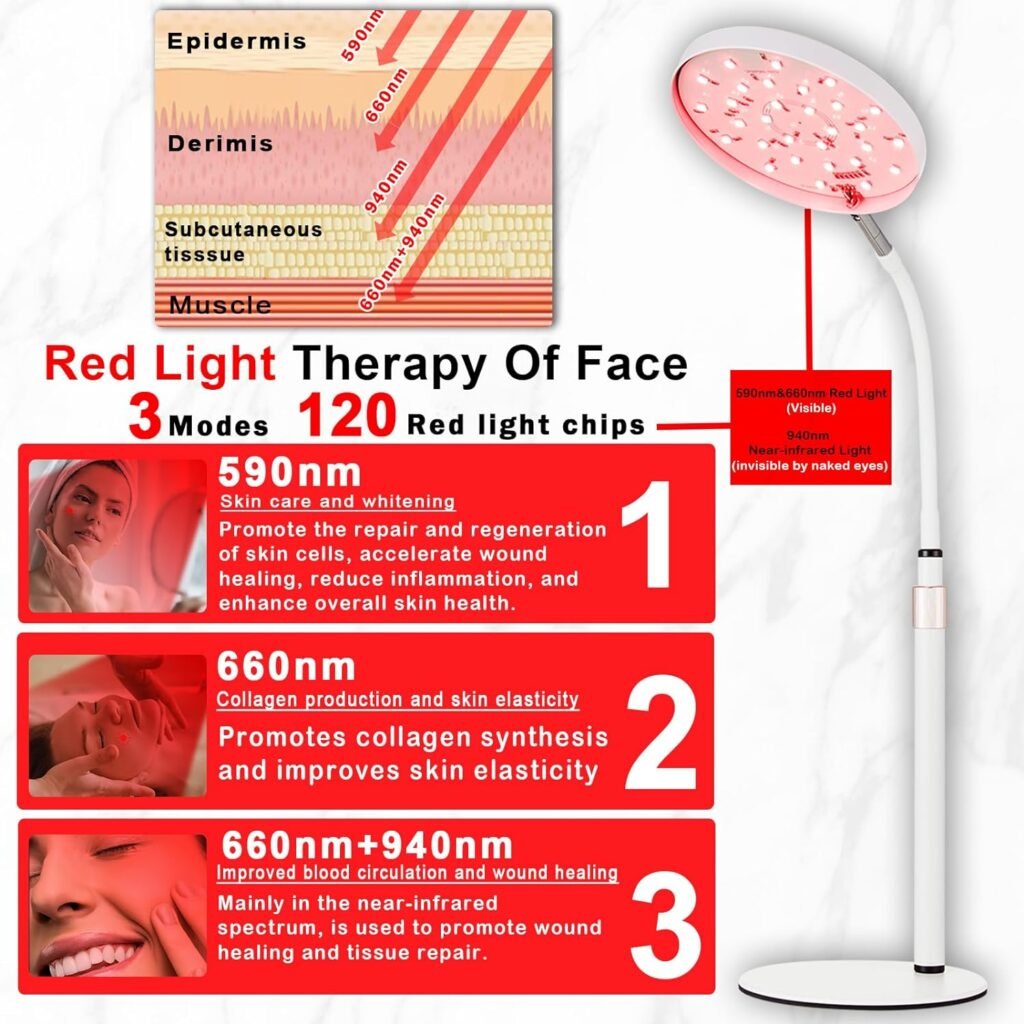 Akarishin Red Light Therapy Lamp for Face- Facial and Body Treatment with Adjustable Height Stand, 120 LEDs, 590nm, 660nm, 660nm+940nm - Alleviate Muscle Soreness, Skin Vitality